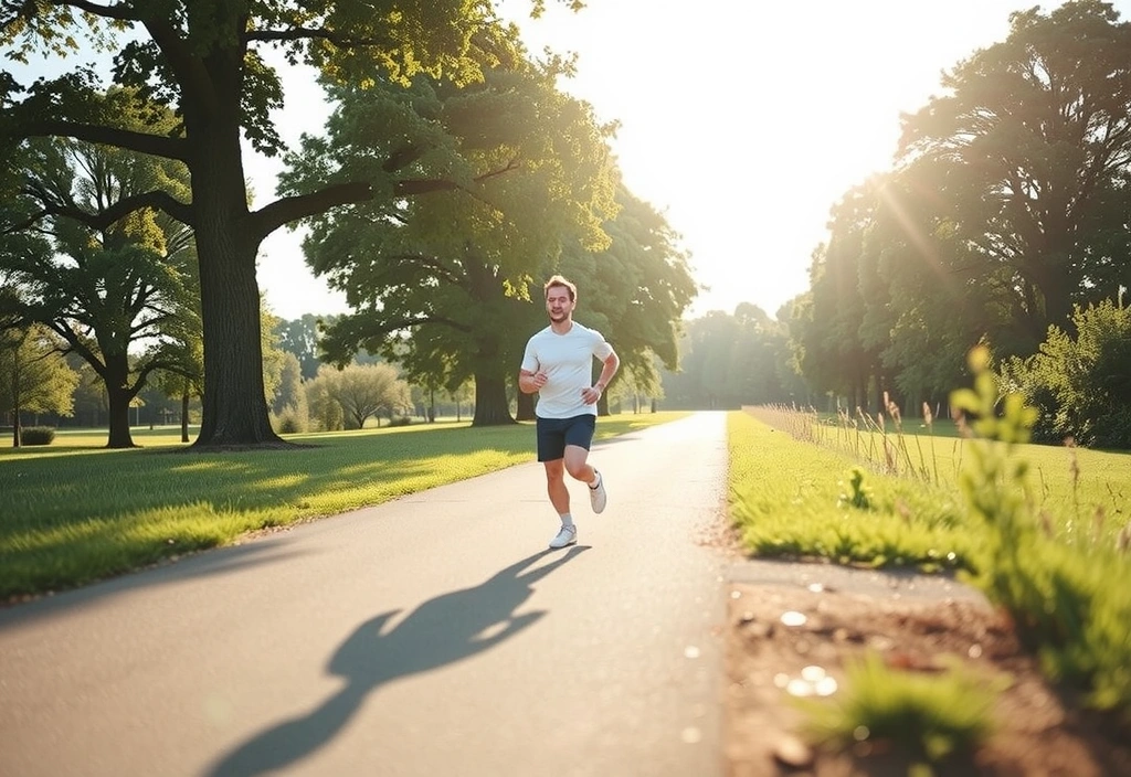 A person enjoying a morning run in a park, with sunlight filtering through trees, symbolizing active lifestyle and natural wellness.