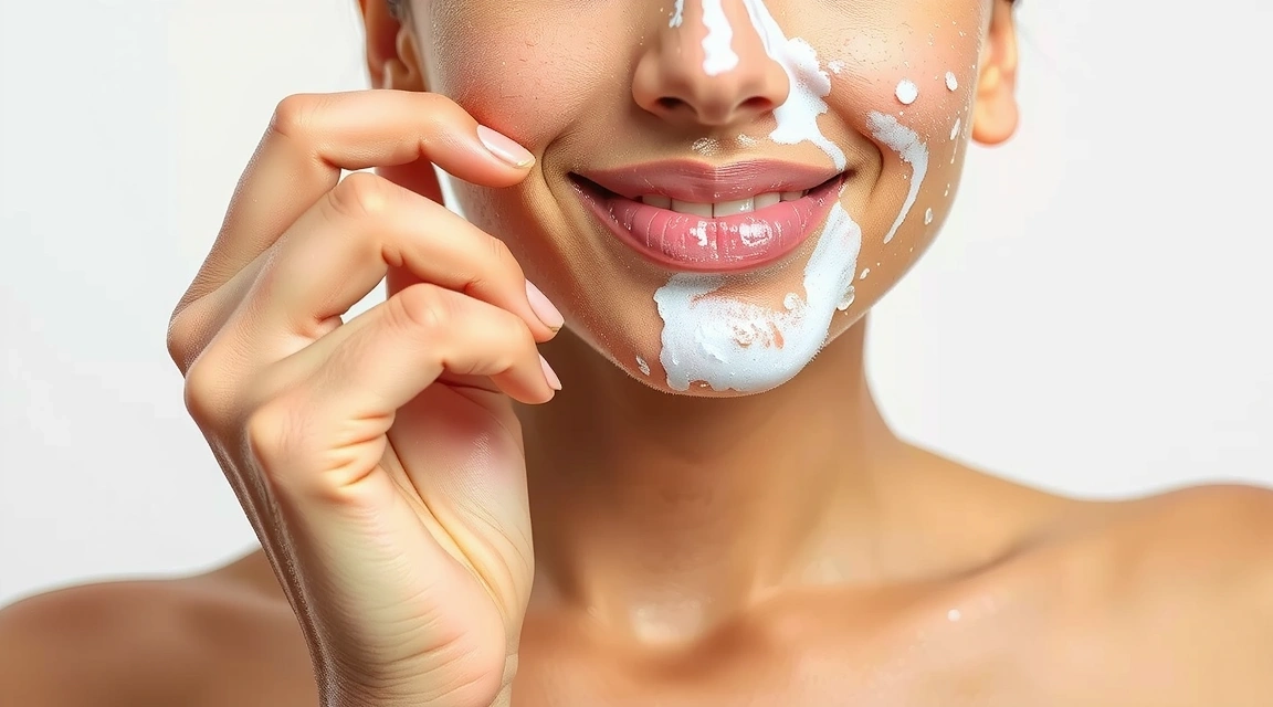 A person gently cleansing their face with a foamy cleanser, water droplets visible, focusing on a clean and fresh sensation.