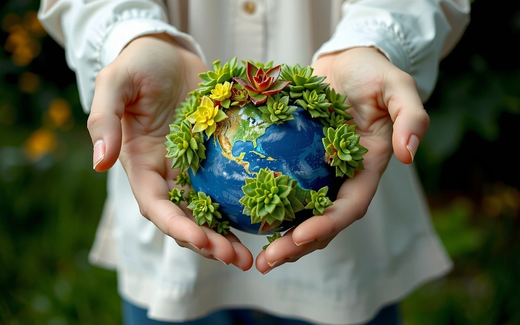 Hands holding a globe with green plants, symbolizing sustainability