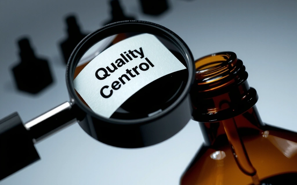 Magnifying glass inspecting a quality control label on a product bottle