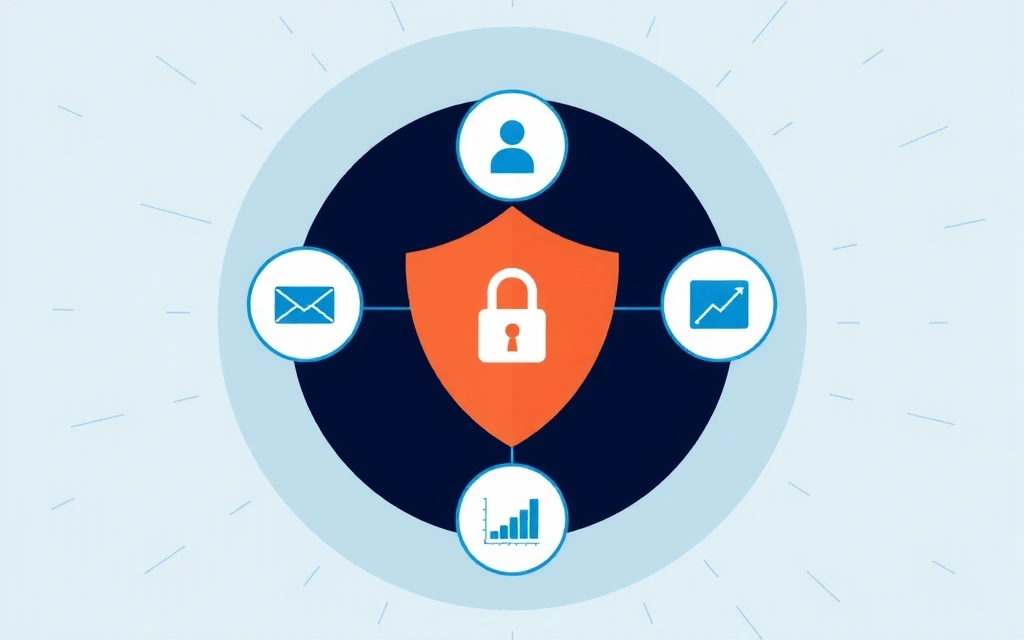 A visual representation of various data points being collected and secured, with symbols for name, email, address, and usage statistics.